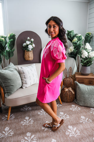 Ivy Embroidered Pocket Dress • Hot Pink - FINAL SALE