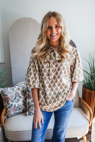 Fall Frenzy 1 • Taupe Satin Bow Blouse - FINAL SALE