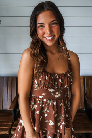 Fall Romance Ruffle Midi • Brown Floral