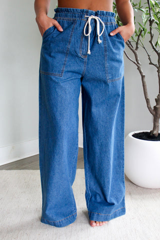 Wendy Drawstring Wide Leg • Dark Wash