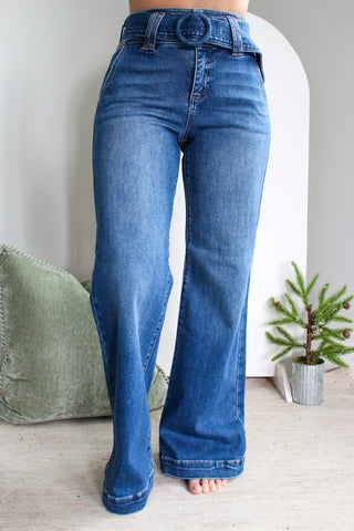 Gwen Belted Wide Leg | Tummy Control • Medium Wash