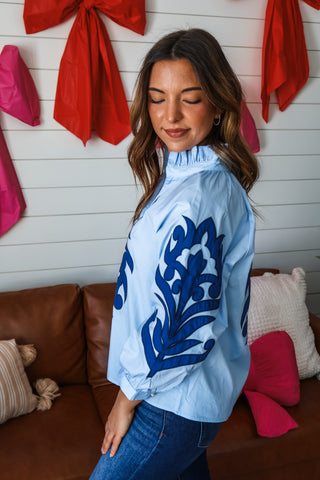 Ivy Embroidered Poplin Top • Light Blue