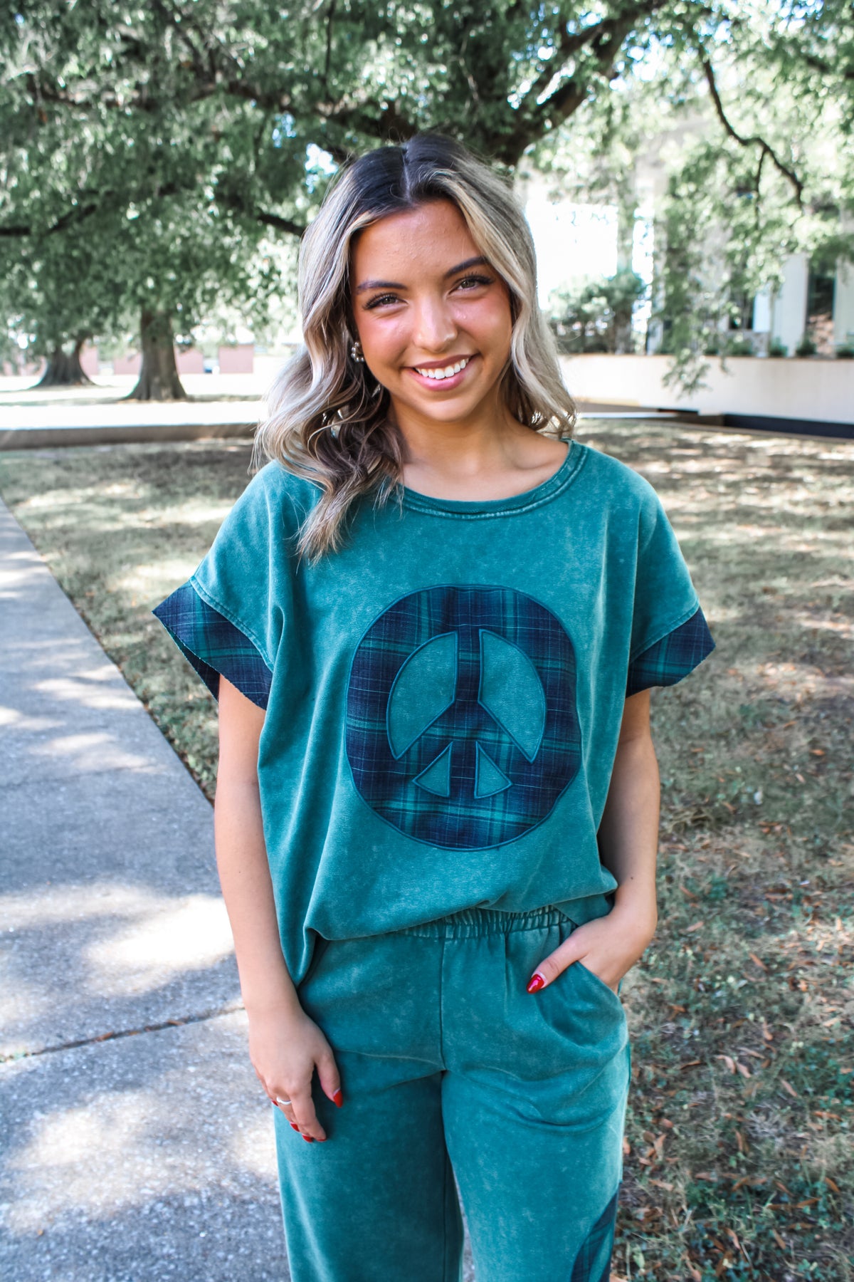 Peace Seeker Plaid Top • Mineral Emerald