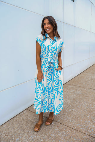 Swirling Waters Shirtdress • Cream/Blue