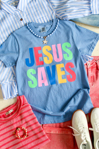 Jesus Saves Graphic Tee • Powder Blue