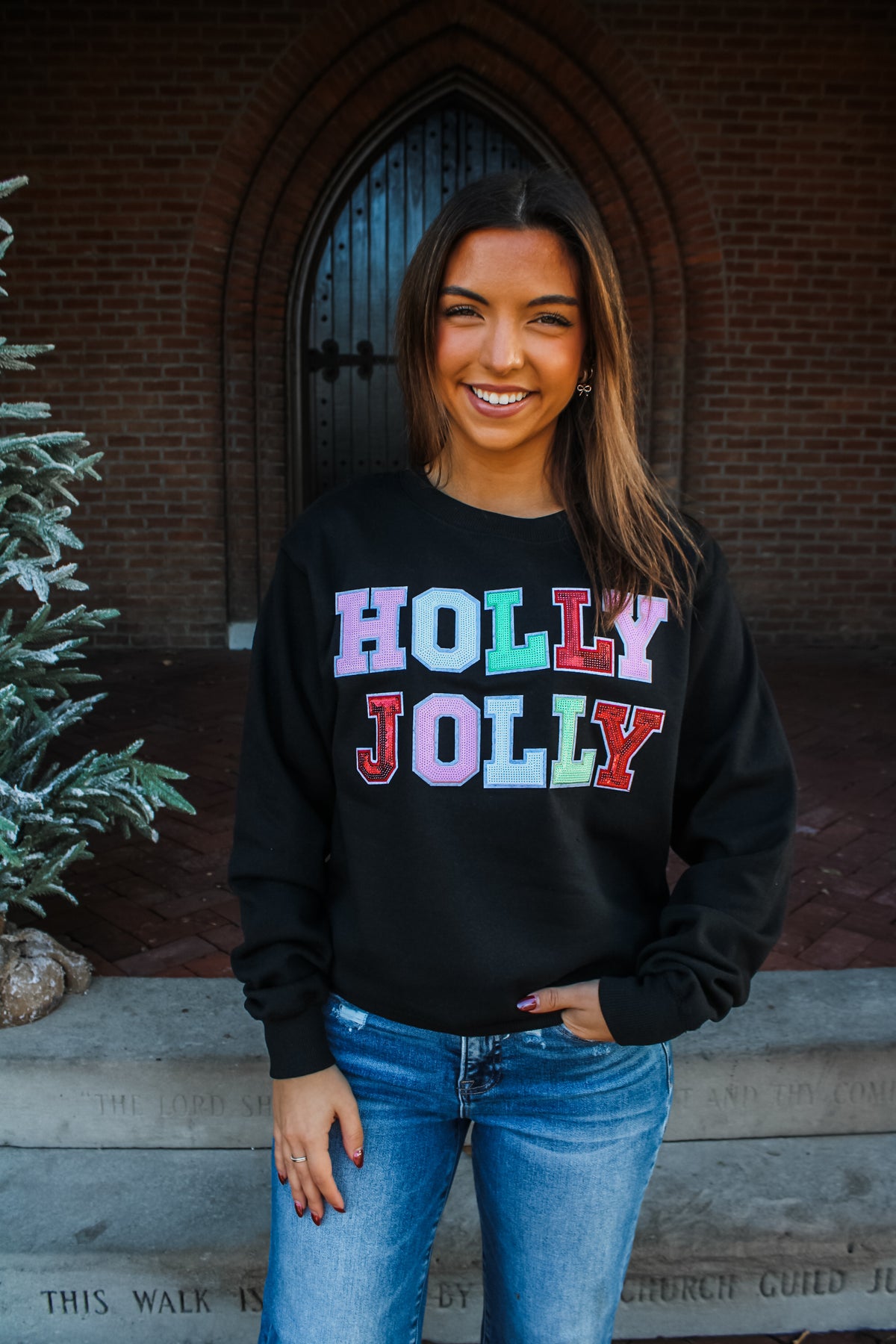 Holly Jolly Sequin Patch Graphic Sweatshirt • Black