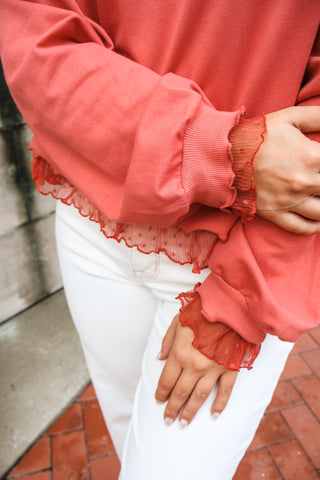 Effortless Charm Ruffle Trim Pullover • Coral