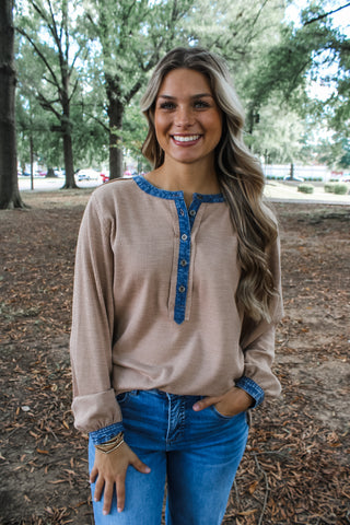 Gameday Henley • Mocha/Denim - FINAL SALE