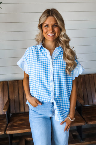 Charming Combination Gingham Top • Blue