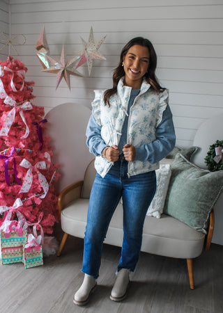 Floral Fancy Ruffle Vest • Ivory/Blue