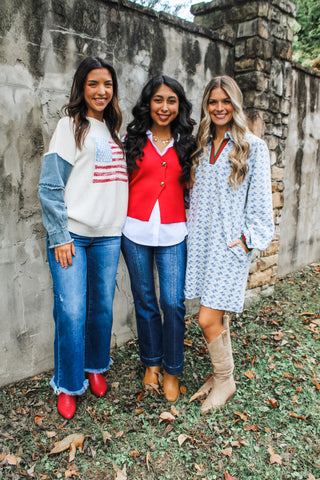 Patriotic Christmas Denim Sleeve Sweater • Cream