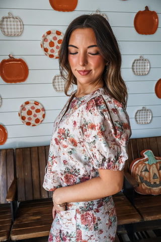 Harvest Blooms Denim Top • Mocha
