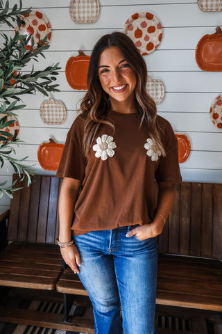 Daisy Darling Crochet Appliqué Top • Brown