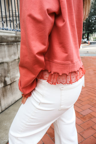 Effortless Charm Ruffle Trim Pullover • Coral