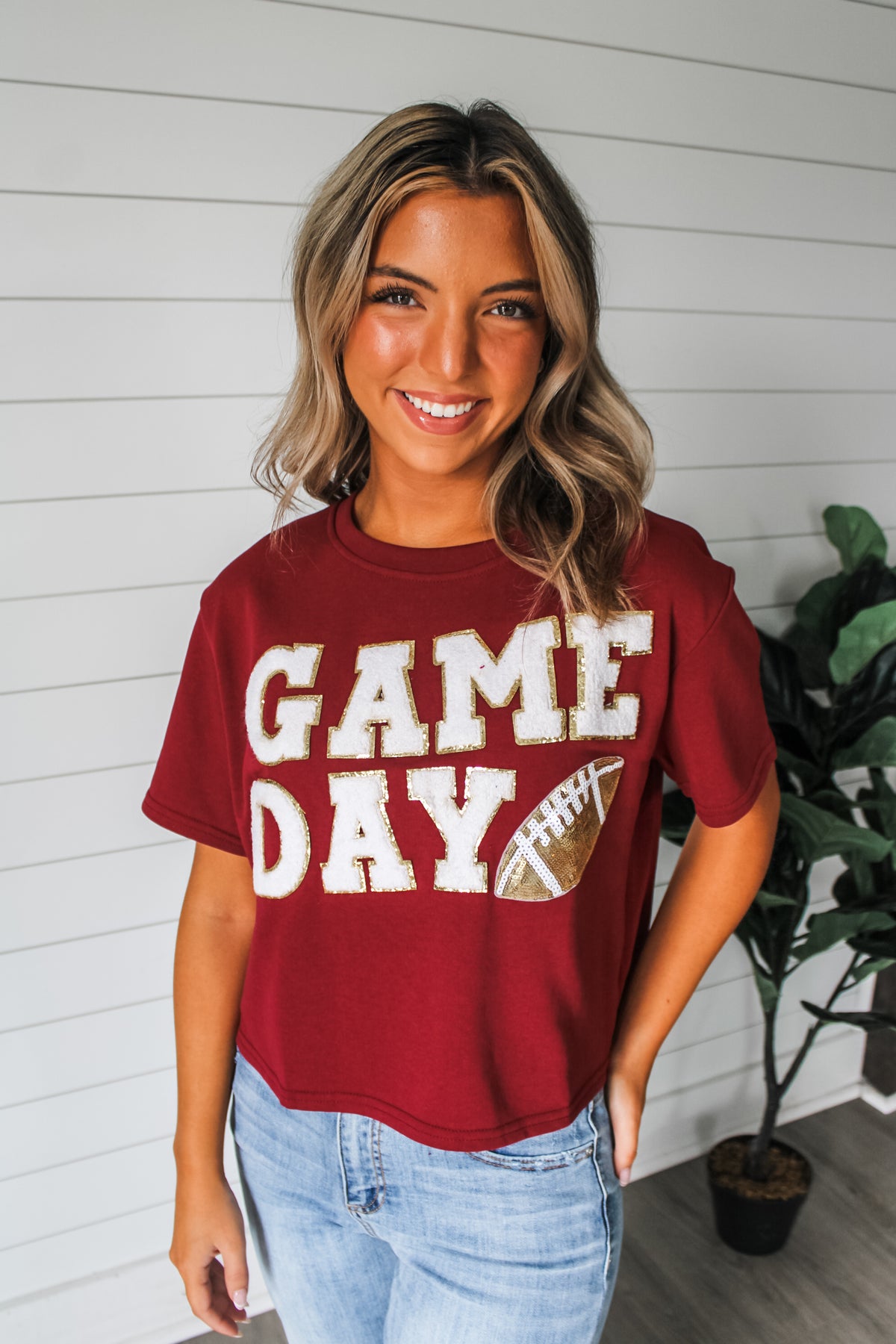 Game Day Sequin Patch Crop Tee • Maroon