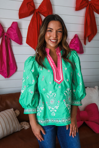 Springtime Soirée Embroidered Top • Green