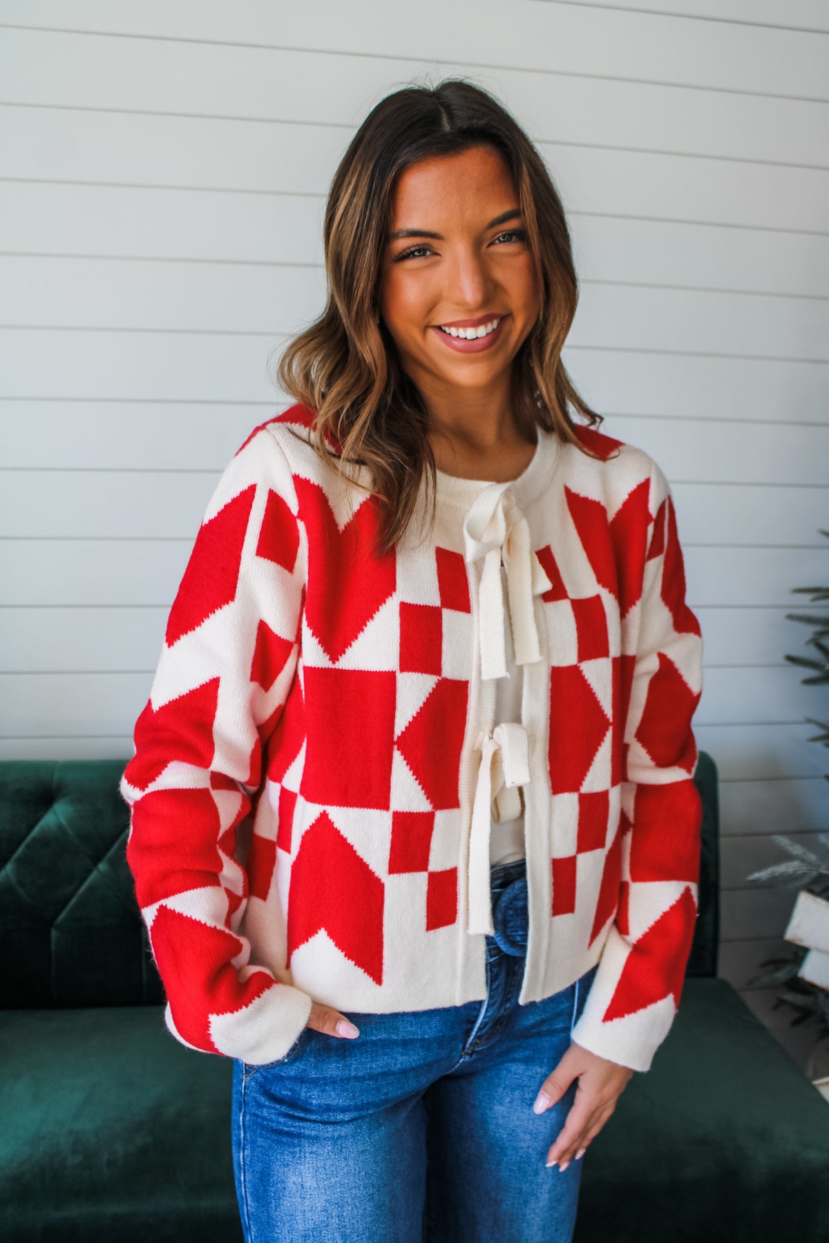 Pop Of Cheer Printed Cardigan • Red