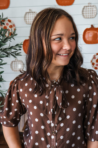 Polka Dot Perfection Bow Blouse • Brown