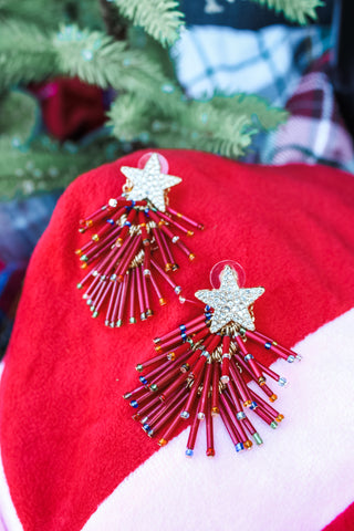 Tinsel & Tassel Christmas Tree Earrings • Red