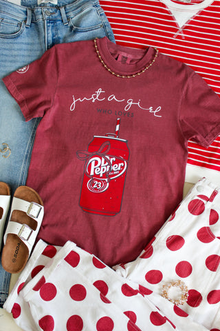 Just A Girl Who Loves Dr. Pepper Graphic Tee • Crimson