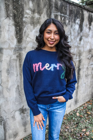 Bright & Merry Tinsel Sweater • Navy - FINAL SALE