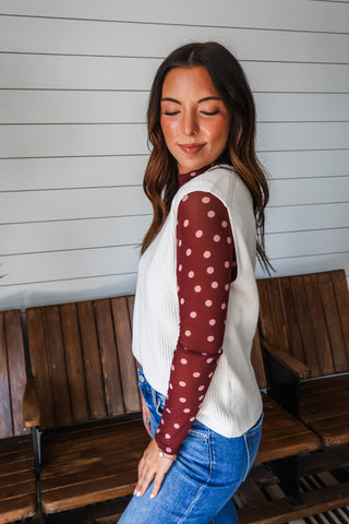 Pretty Polka Dot Mesh Top • Wine