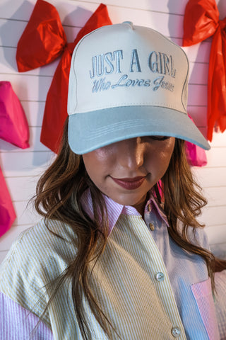 Just A Girl Who Loves Jesus Trucker Hat • Frost Blue
