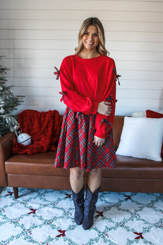Mistletoe Memories Bow Sleeve Dress • Red Plaid