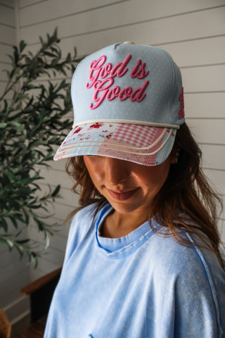 God Is Good Embroidered Trucker Hat • Blue