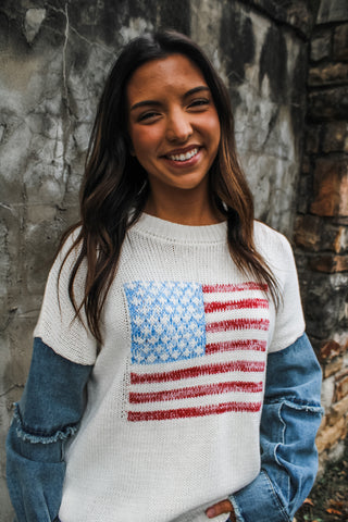 Patriotic Christmas Denim Sleeve Sweater • Cream