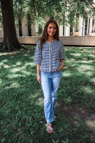Match Point Cardigan Top • Navy Stripe