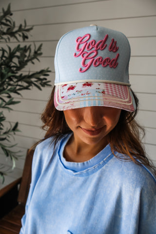 God Is Good Embroidered Trucker Hat • Blue