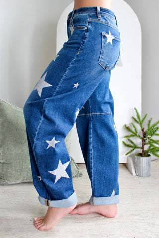 Lainey Star Print Barrel Leg • Medium Wash
