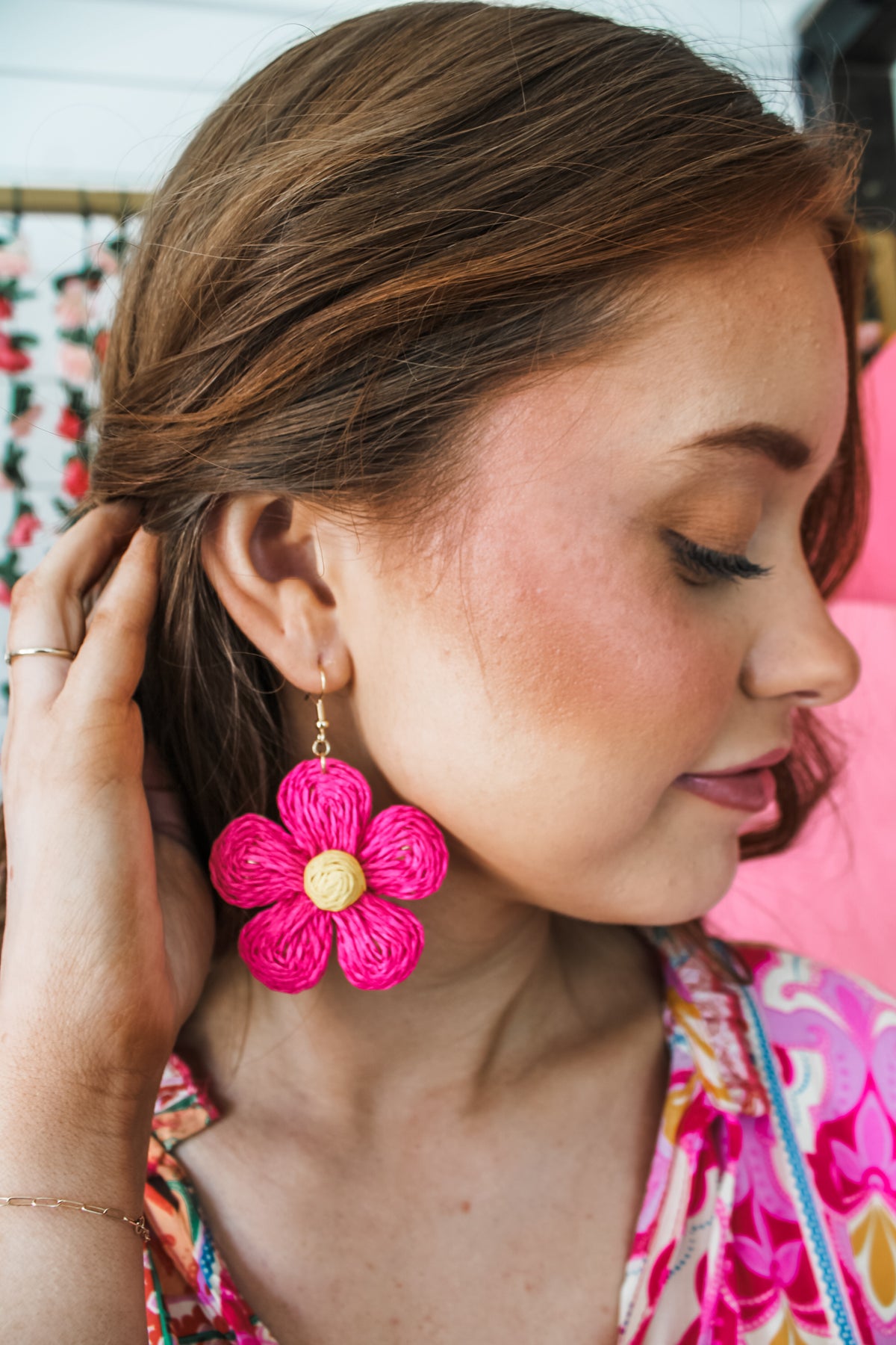 Feels Like Sunshine Flower Earrings • Pink Raffia