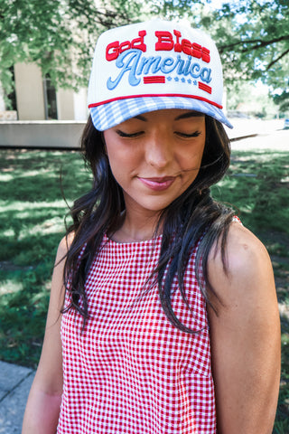 God Bless America Trucker Hat • Blue Gingham