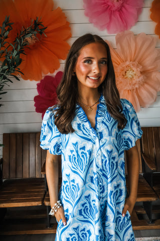 Santorini Scene Pocket Dress • Blue