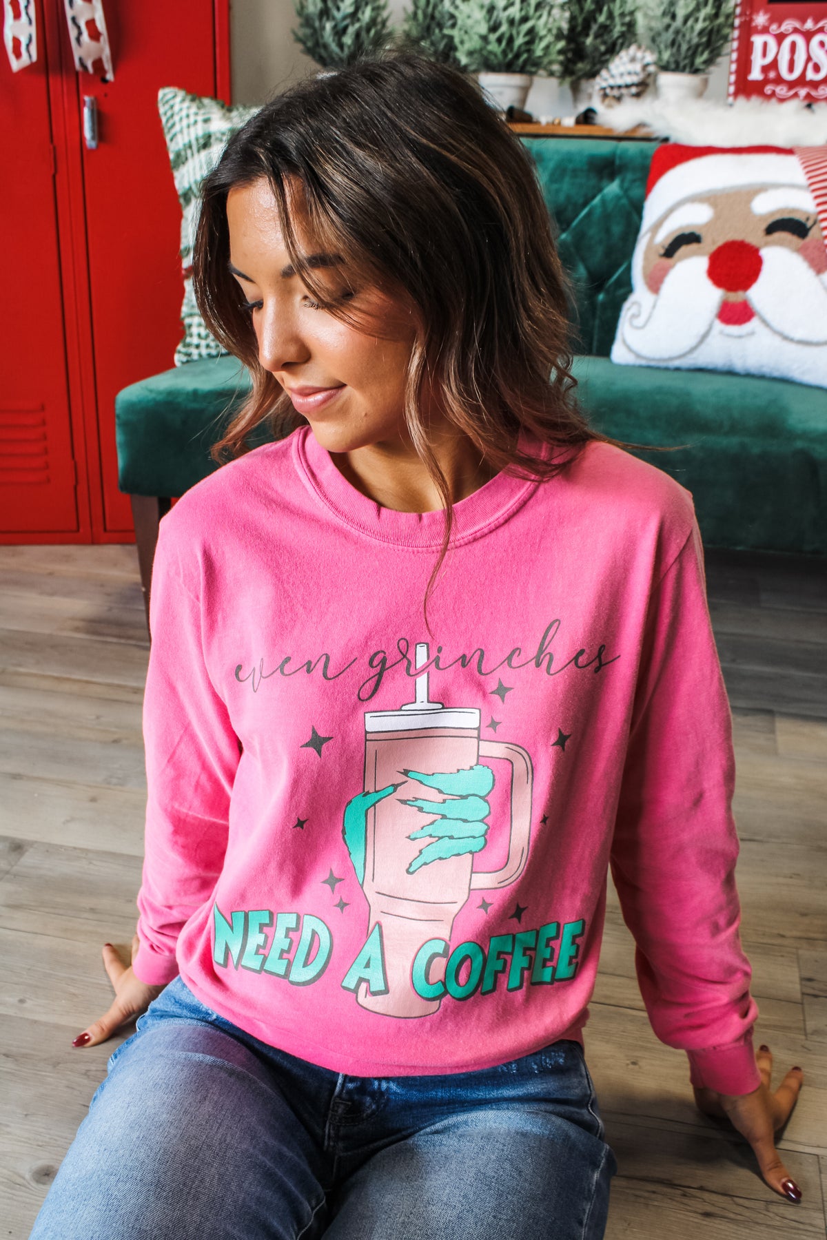 Even Grinches Need A Coffee Graphic Tee • Pink