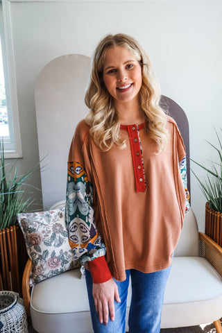 Fall Frenzy 15 • Printed Sleeve Henley Top - FINAL SALE
