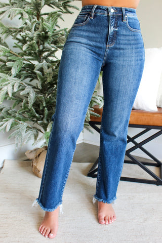 Callie Frayed Hem Straight | Tummy Control • Dark Wash