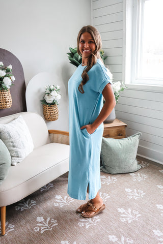 Out Of Pocket T-shirt Dress • Heather Turquoise