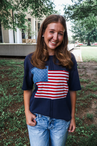 Patriotic Note Patchwork Top • Navy