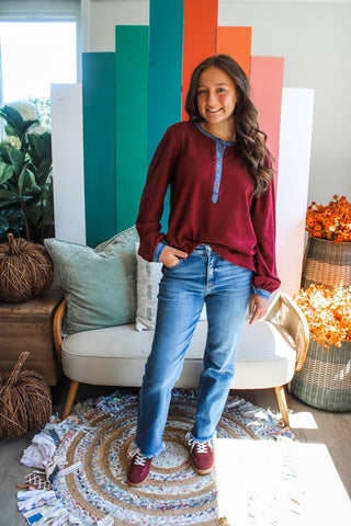Gameday Henley • Burgundy/Denim