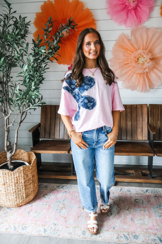 Denim Daisy Patchwork Top • Pink