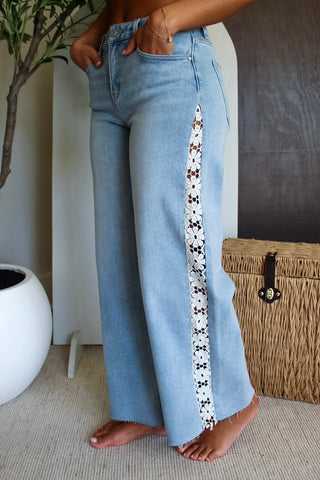 Ariana Floral Lace Wide Leg • Light Wash