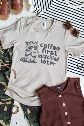 Coffee First Mischief Later Graphic Tee • Tan