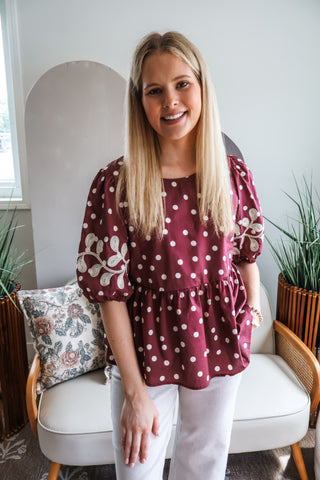 Sedona Sunset Peplum Top • Merlot