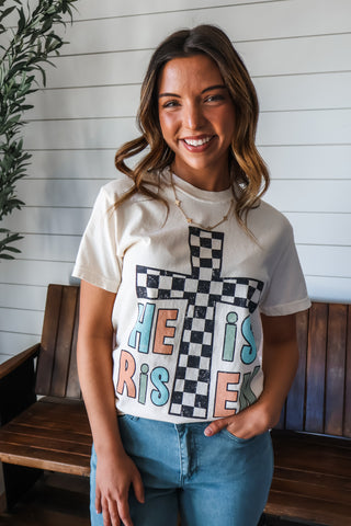 He Is Risen Checkered Cross Graphic Tee • Cream