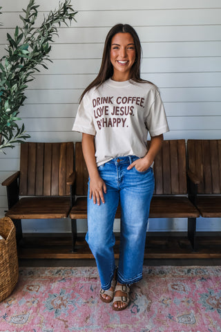Drink Coffee Love Jesus Be Happy Graphic Top • Beige