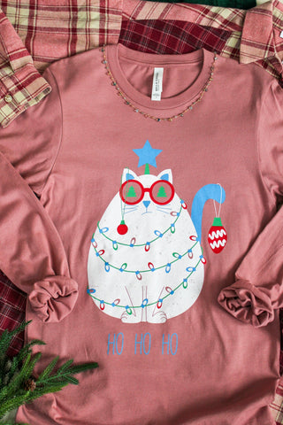 Tangled Tinsel Cat Graphic Tee • Mauve