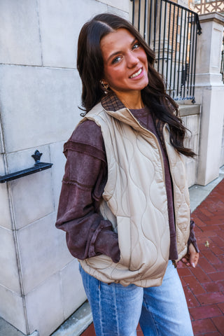 Hint Of Plaid Quilted Vest • Khaki